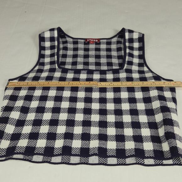 Staud Womens Large Trail Top Cropped Knit Tank Gingham Check Navy Blue Cropped - Picture 7 of 10